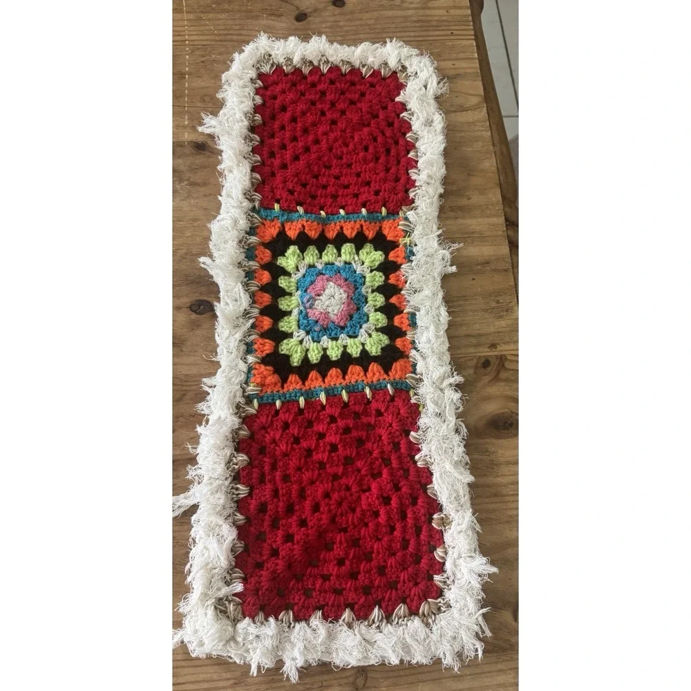 Handmade Crochet Knit Granny Square Red Cream Table Runner Textile 26X10